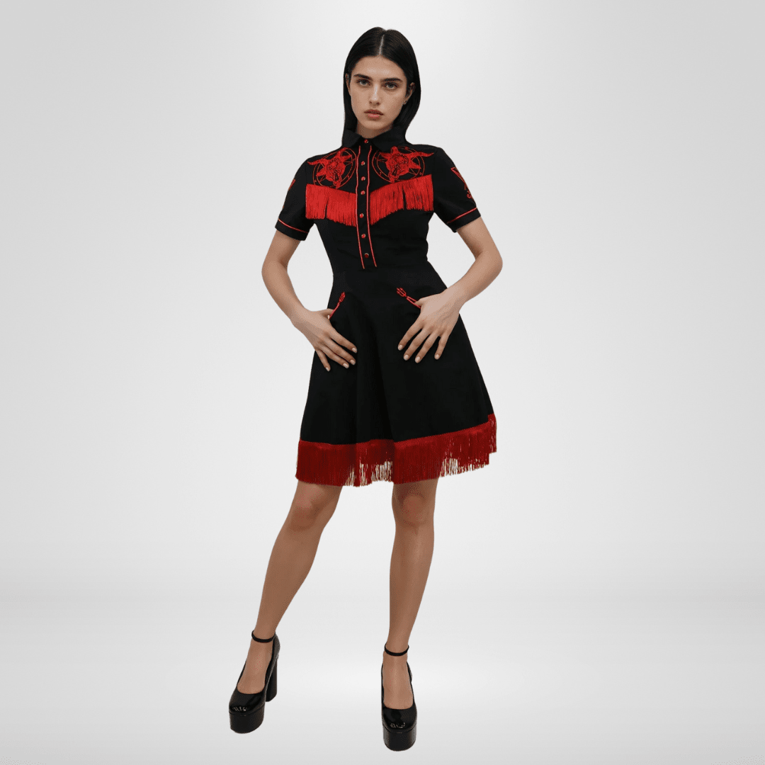 The Y'allternative Collection Baphomet Embroidered Western Tassel Dress - Pre-Order
